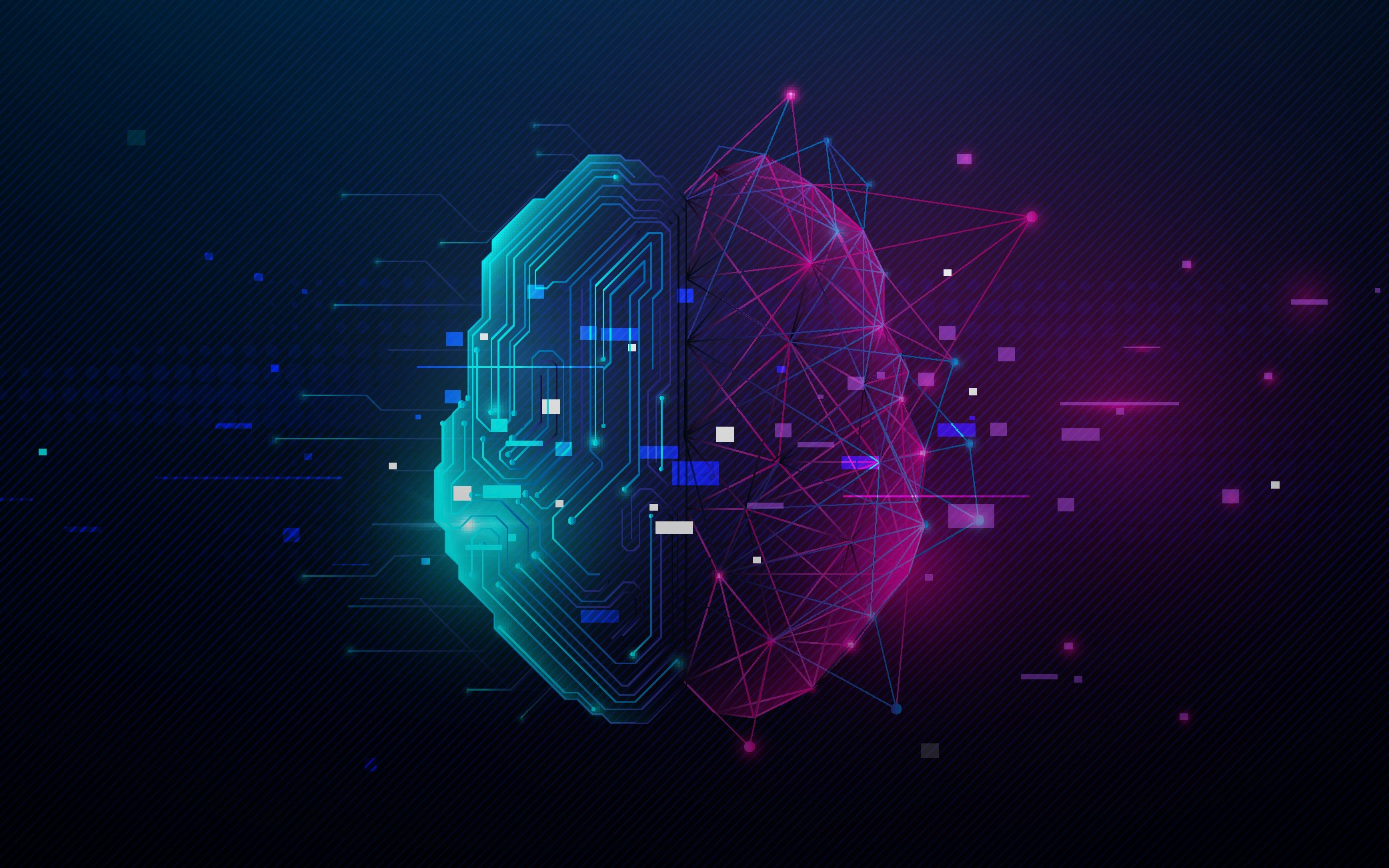 Brain illustration: circuit-board left hemisphere, neural-network right hemisphere